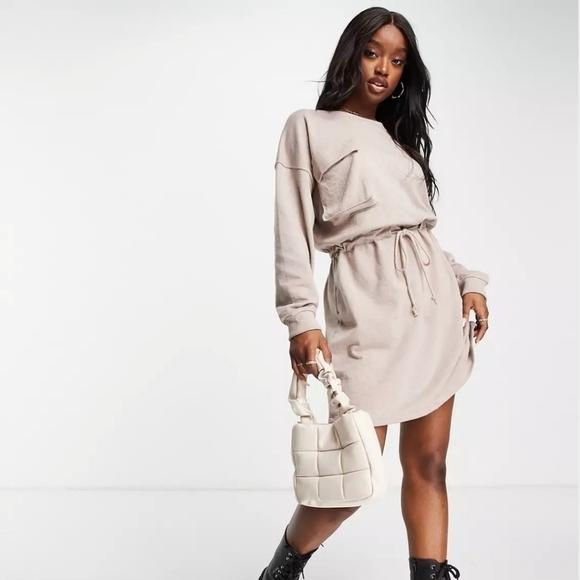 MISSGUIDED Pocket Detail Tie Waist Sweater Mini Dress Cream Tan Size 4 - Picture 1 of 12